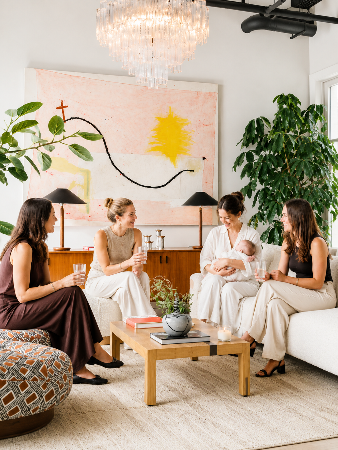 A new mother holding her baby, surrounded by friends gathered in a living room
