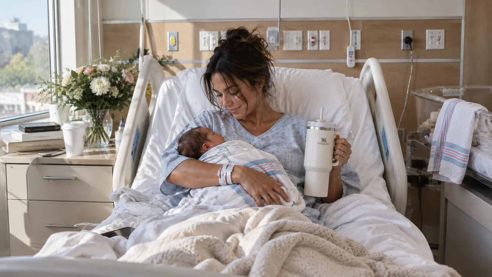 new mom in the hospital holding a baby