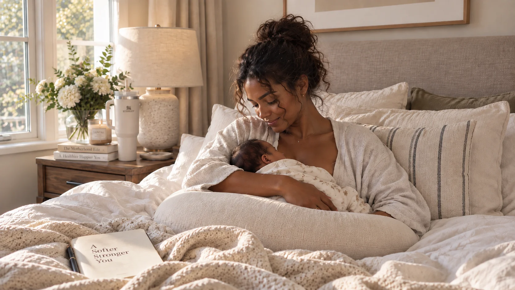 A new mom in bed with her baby. changed forever due to Matrescence