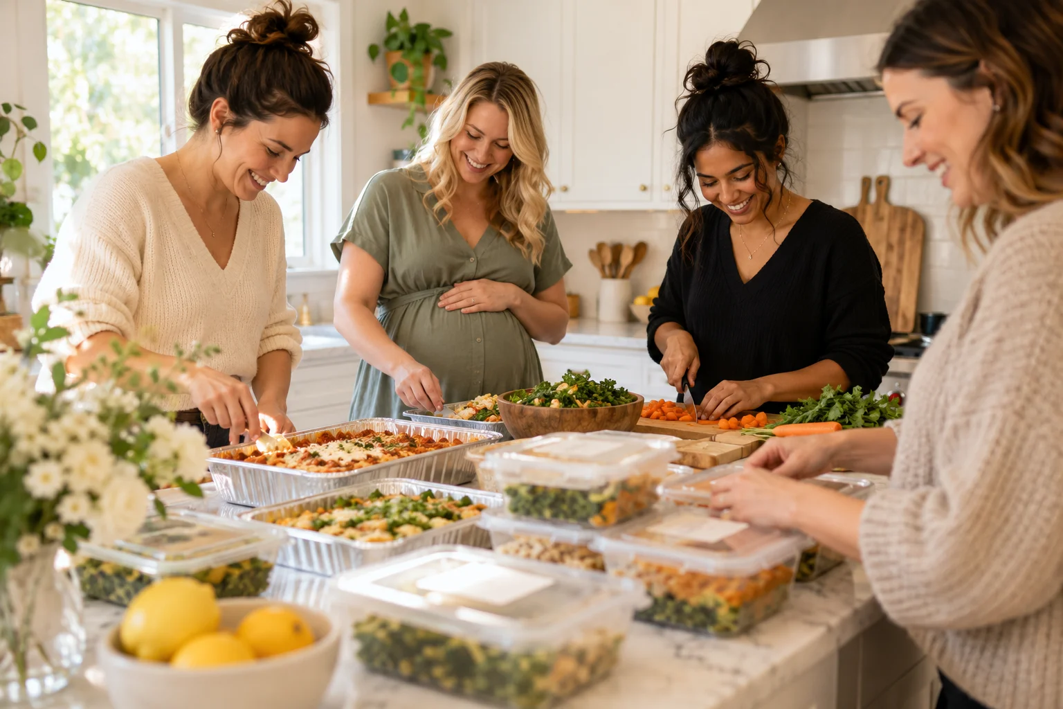 Friends preparing freezer meals together at a nesting party