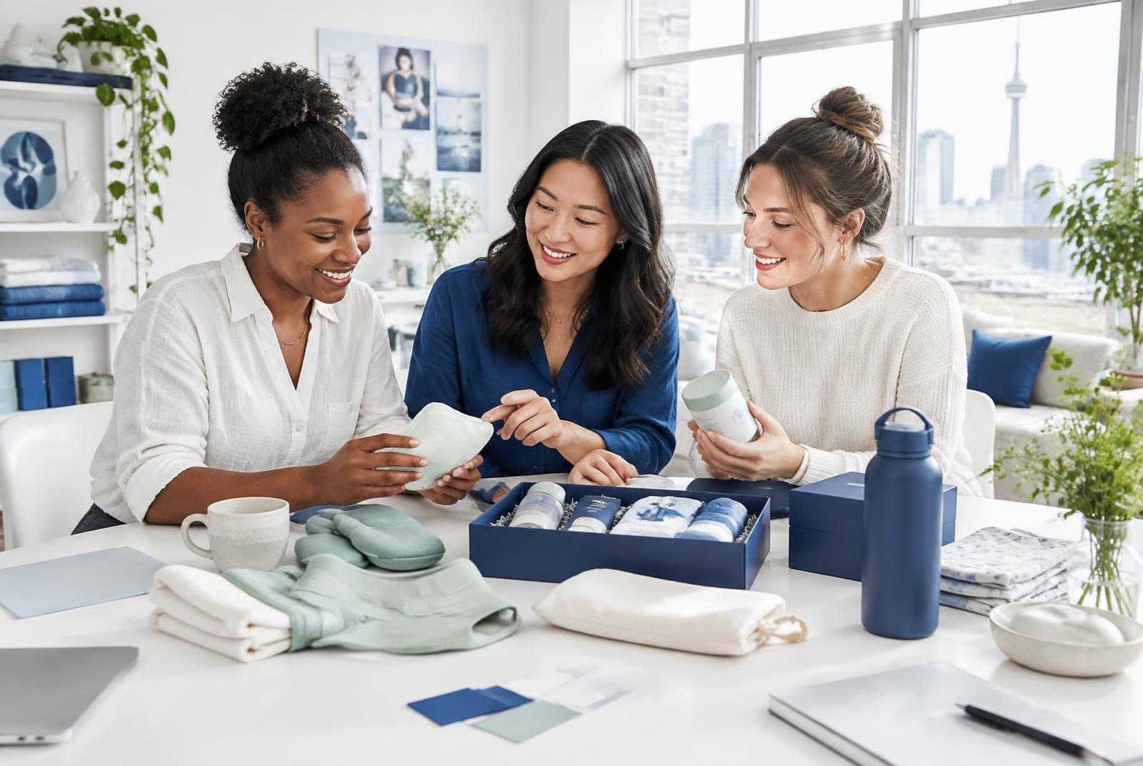 Brand founders reviewing thoughtful postpartum products together